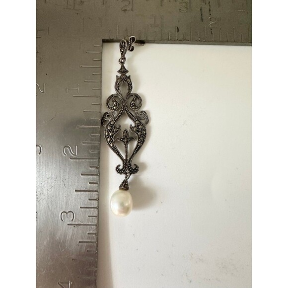 Vintage sterling silver art Deco marcasite freshwater pearl dangle Earrings - Picture 8 of 8